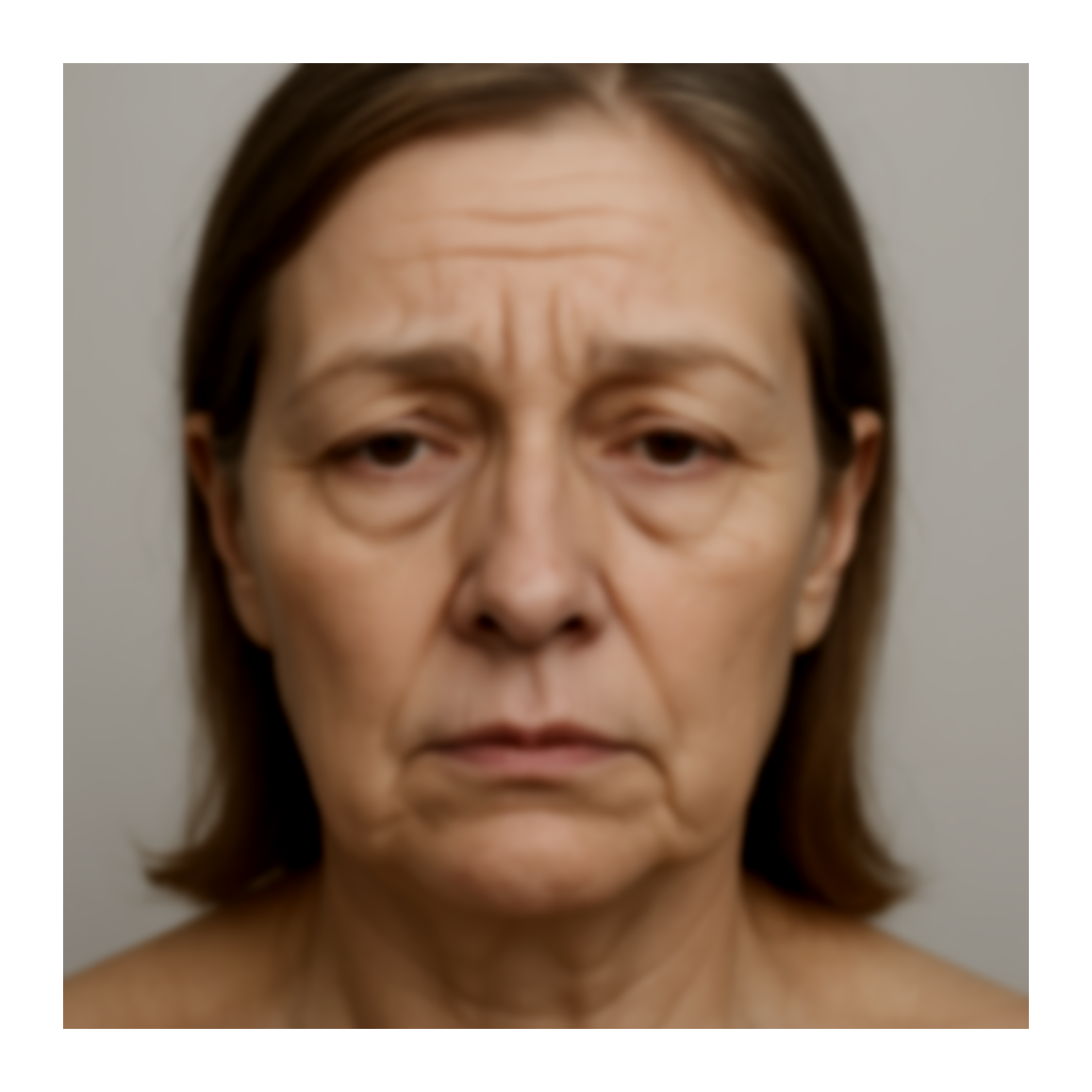 Retrato de una mujer mayor con expresión triste, arrugada y con ojeras debajo de los ojos.