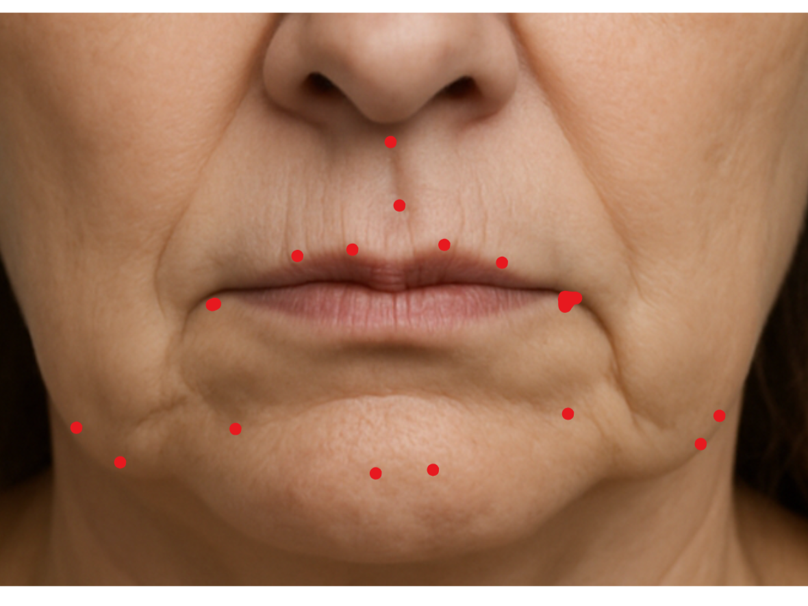 Vista cercana del rostro de una persona con puntos rojos señalando diferentes áreas del labio y el mentón, indicando puntos de acupuntura o terapia facial.