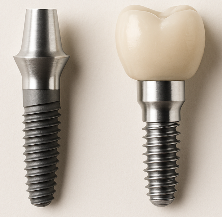 Dos implantes dentales, uno con una corona de porcelana y el otro sin ella