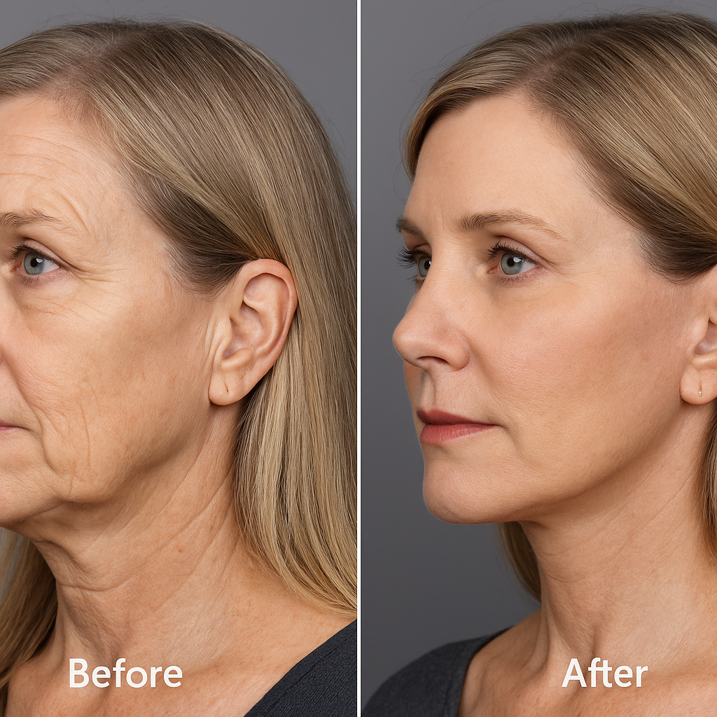 Comparación de rostro femenino antes y después de un tratamiento de rejuvenecimiento facial, mostrando menos arrugas y piel más tersa en la imagen del después.