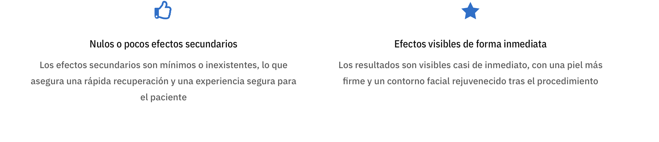 Texto en una presentación comparando efectos secundarios y visibles de un procedimiento, con íconos de pulgar y estrella en la parte superior.