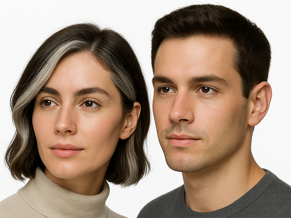 Retrato de una mujer y un hombre mirando con expresión seria, fondo blanco.