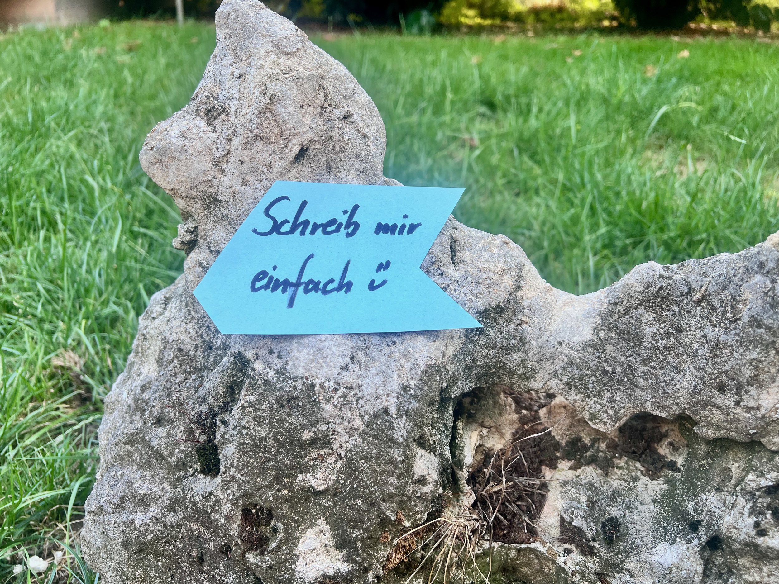 Handgeschriebener Zettel 'Schreib mir einfach' auf einem Stein in einer grünen Wiese