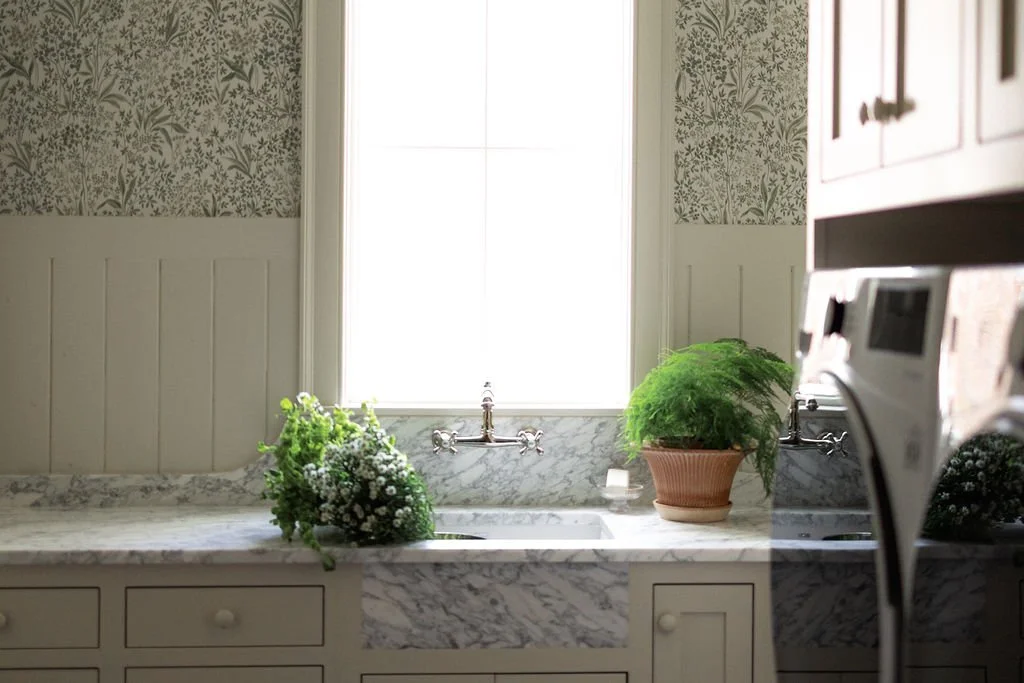 A bright kitchen window with a marble countertop, a small sink, and two potted green plants on either side of the sink. Wolff Duran Studio Interior Design.