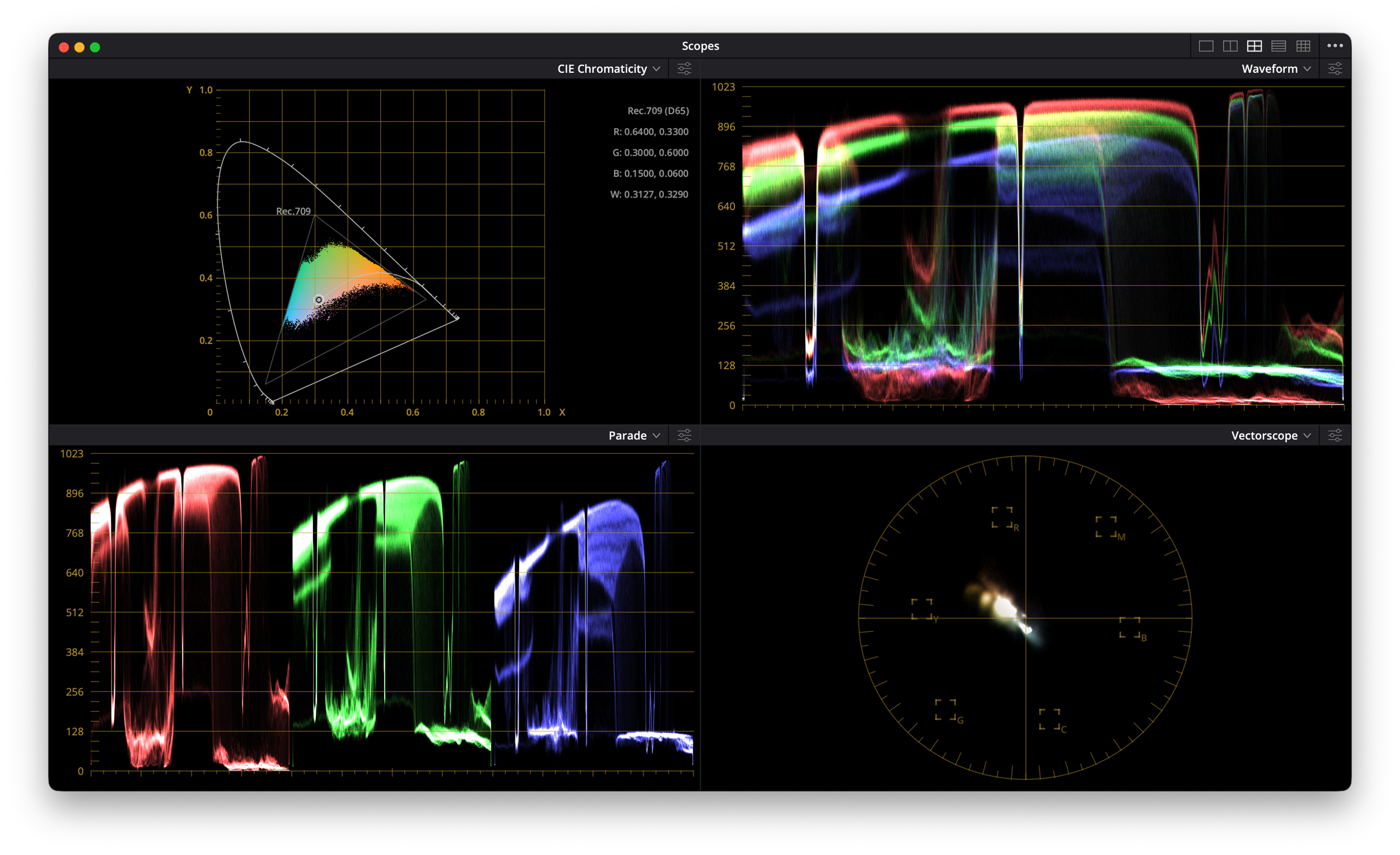 DaVinci Resolve color grading interface showing professional scopes and color management tools used for post-production at Amerigo Studio