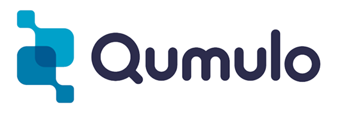 Qumulo logo with blue interconnected squares on the left side.