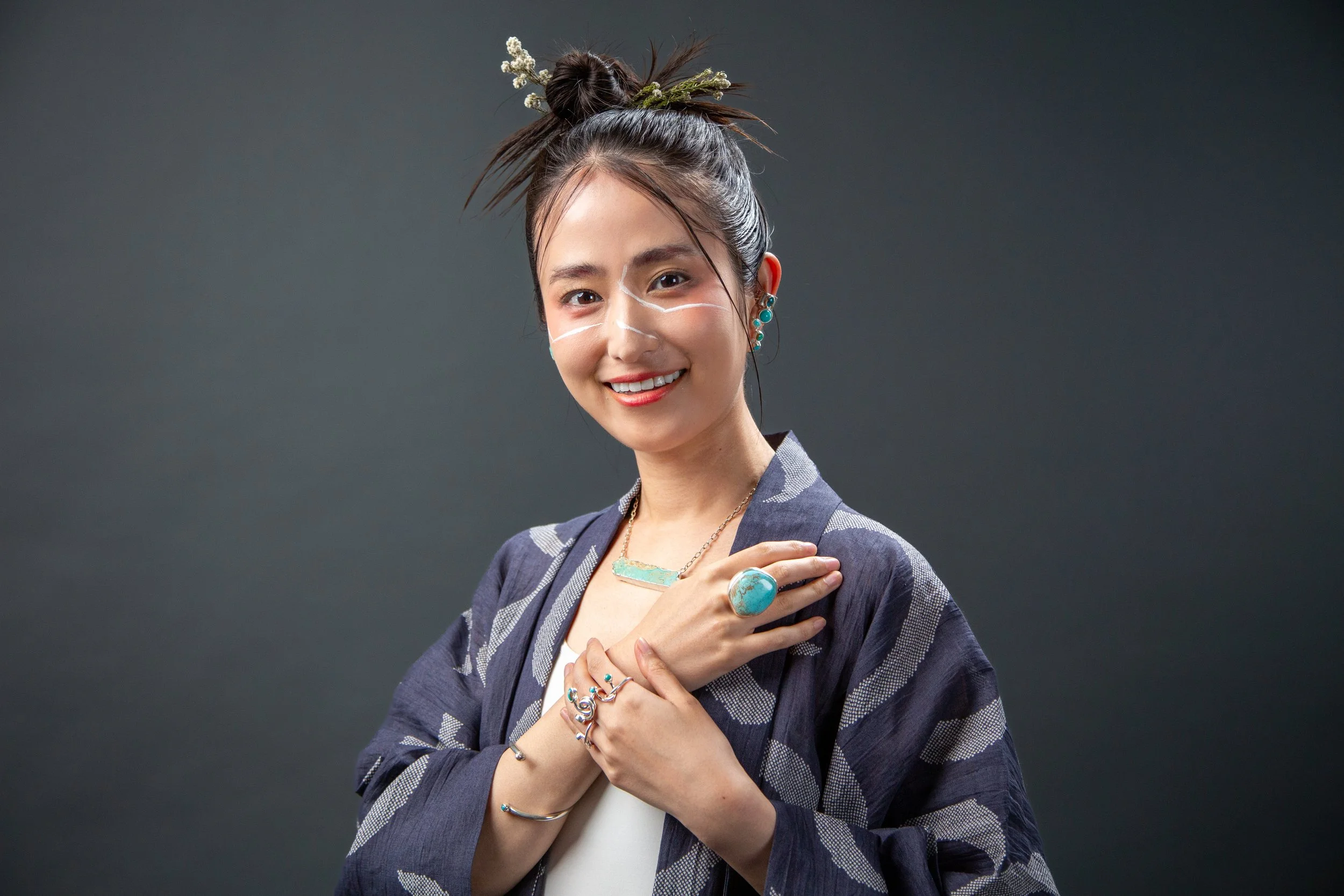 Cultural portrait of model Yui Koike in traditional styling produced for Sycamore 2025 campaign