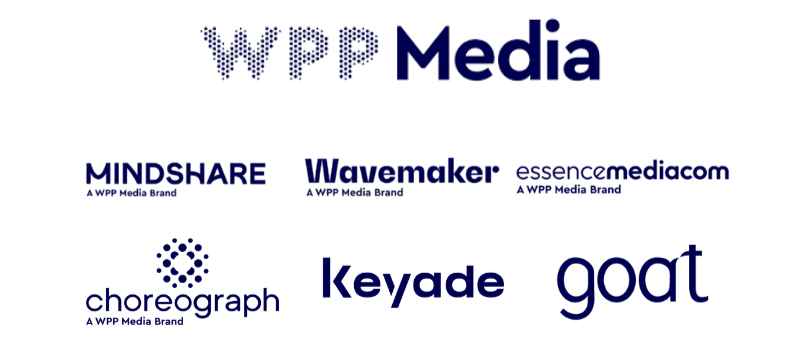 Collection of logos for WPP Media and its subsidiaries, including Mindshare, Wavemaker, Essence Media, Choreograph, Keyade, and Goat.