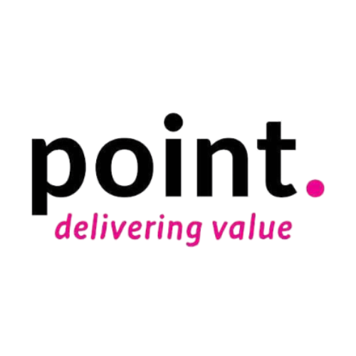 The image shows the word 'point' in large black letters, with 'delivering value' underneath in pink letters.