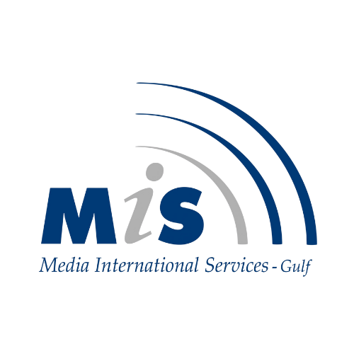 Logo for Media International Services Gulf, featuring stylized blue and gray text with curved lines representing signal or communication.