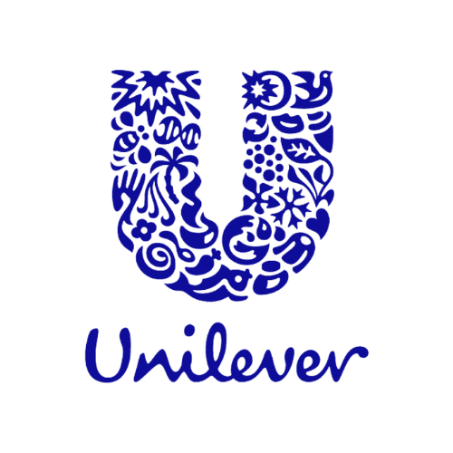 Unilever logo with a large U made of various blue icons and the word 'Unilever' below it, also in blue.