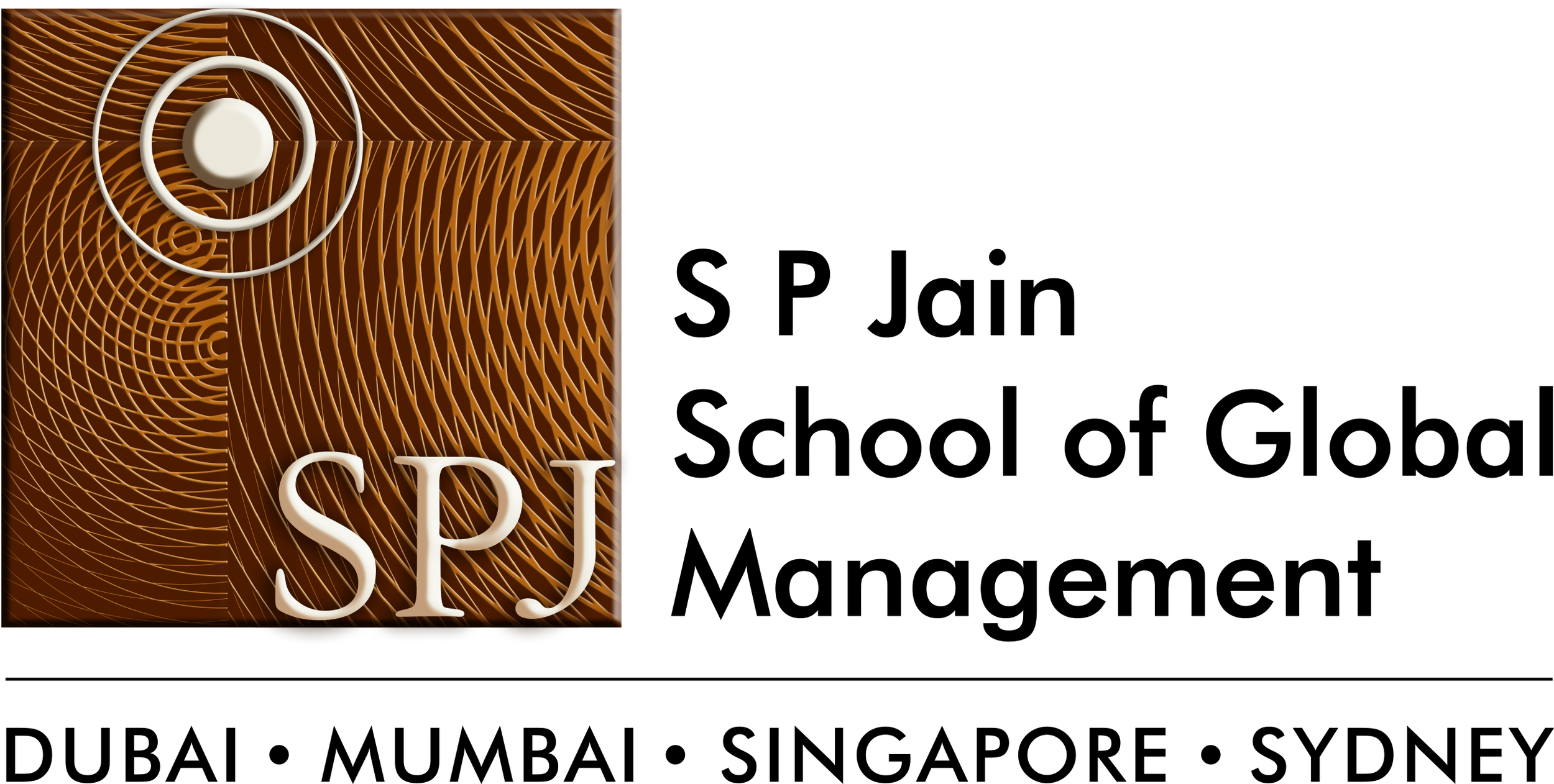 The SP Jain School of Global Management logo with a textured brown background and white text, including four cities: Dubai, Mumbai, Singapore, and Sydney.