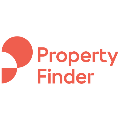Logo for Property Finder with a graphic of a house icon and the company name in red text.