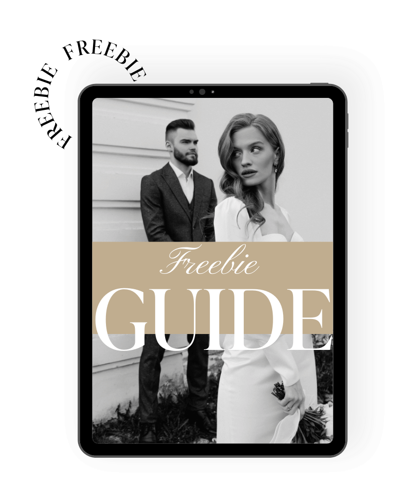 Black and white photo of a woman and man dressed formally, with the woman holding a bouquet and the man standing in the background, overlaid with a beige banner that says 'Freebie Guide'.