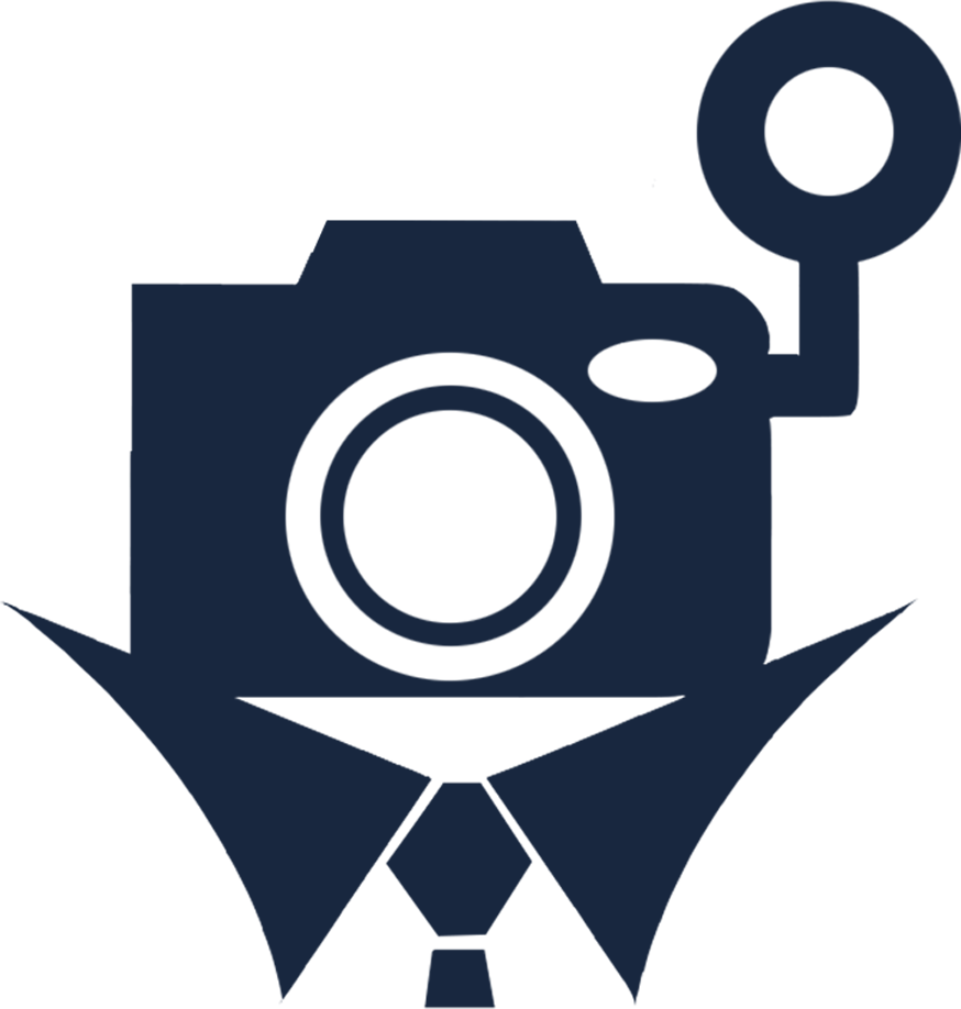 Silhouette of a person wearing a suit and tie, with a camera for a head and an eye peephole on the camera body.