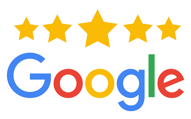 Five gold stars above the Google logo in colorful letters.