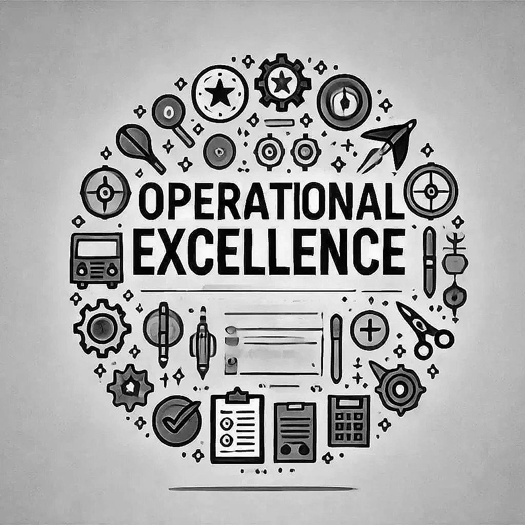 Design with various icons surrounding the words "Operational Excellence" including gears, check marks, pens, calculators, and target symbols.