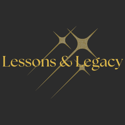 Graphical image with the text 'Lessons & Legacy' in gold font, featuring three glittering starburst designs on a dark background.