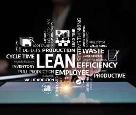 A word cloud with terms related to lean production and manufacturing, including 'LEAN,' 'EFFICIENT,' 'PRODUCTION,' 'WASTE,' 'EMPLOYEE,' and 'EFFICIENCY'.