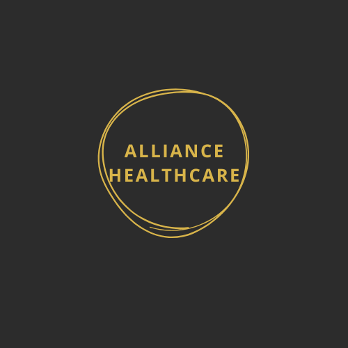 Logo for Alliance Healthcare featuring gold circular lines and text on a black background.