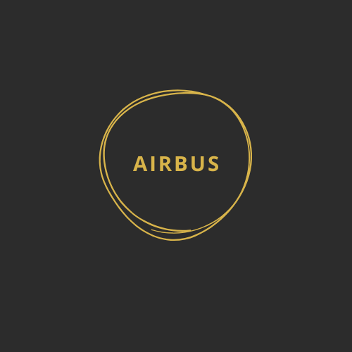 Black background with a gold circular logo containing the word 'AIRBUS' in gold letters.