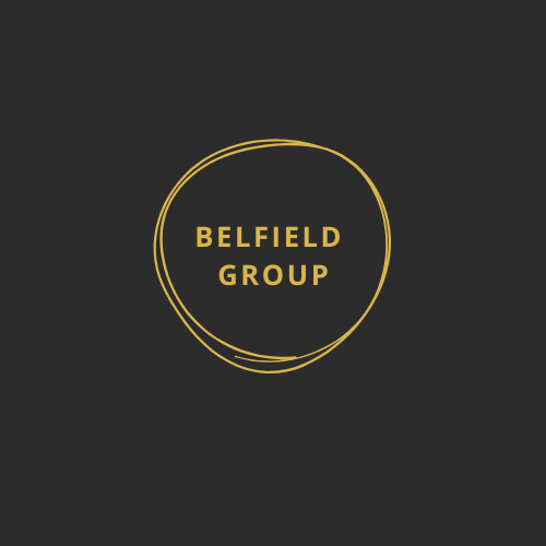 Black background with gold text saying 'Belfield Group' inside a gold circle.