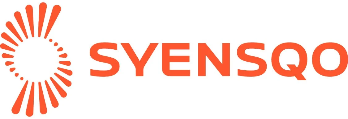 Syensqo logo featuring a circular pattern of orange lines and dots to the left of the company's name in bold orange letters.