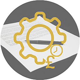 A yellow gear icon overlaying a document with text, placed on a gray circular background.