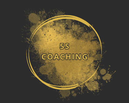 Gold and black graphic featuring the text '5S Coaching' inside a circular outline with paint splatter effects.
