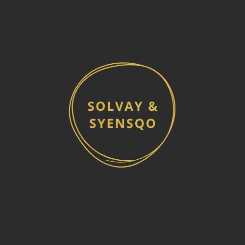 Black background with gold text inside a gold circular outline that reads "SOLVAY & SYNSQO."