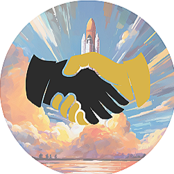 Illustration of a handshake with a space shuttle launching in the background, symbolizing partnership and exploration.