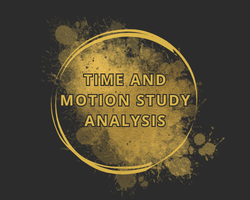 Black background with yellow splatter paint and a yellow circle around the text 'Time and Motion Study Analysis'.