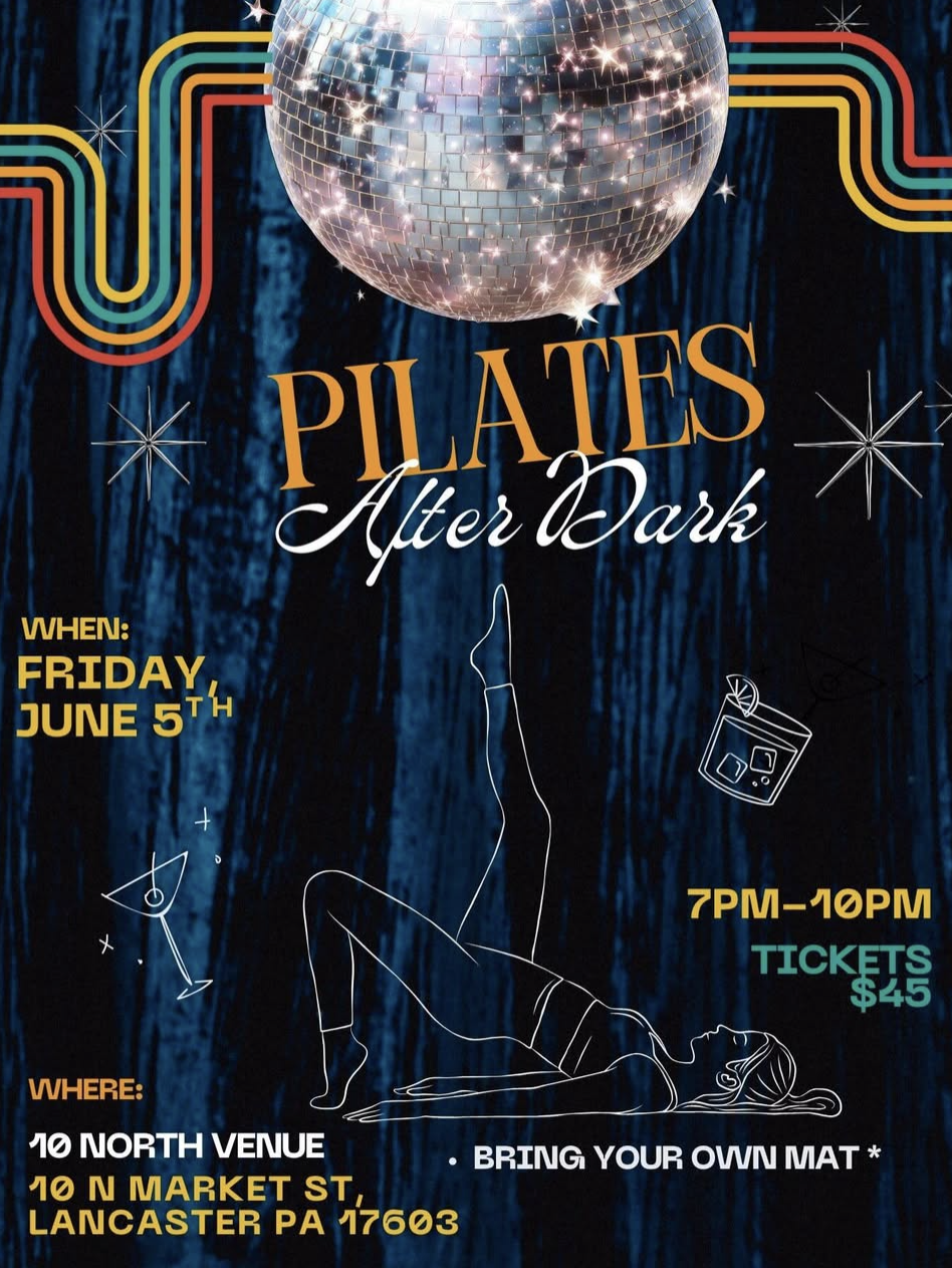 Flyer for a 'Pilates After Dark' event with a disco ball, colorful retro lines, a neon outline of a woman doing a Pilates move, and space-themed doodles, including stars, a drink, and an eye.