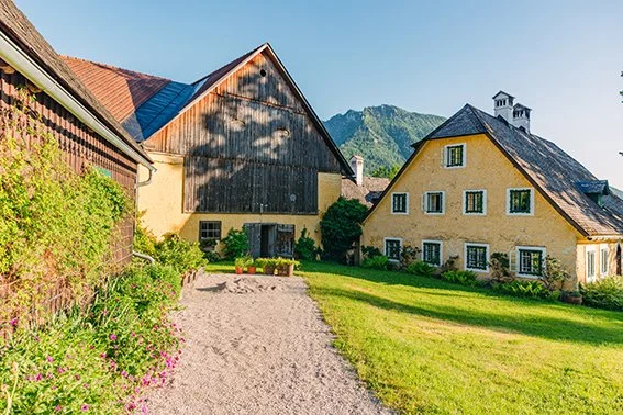 Zwei klassische Alpenhäuser mit grüner Wiese und Berg im Hintergrund bei Sonnenschein.
