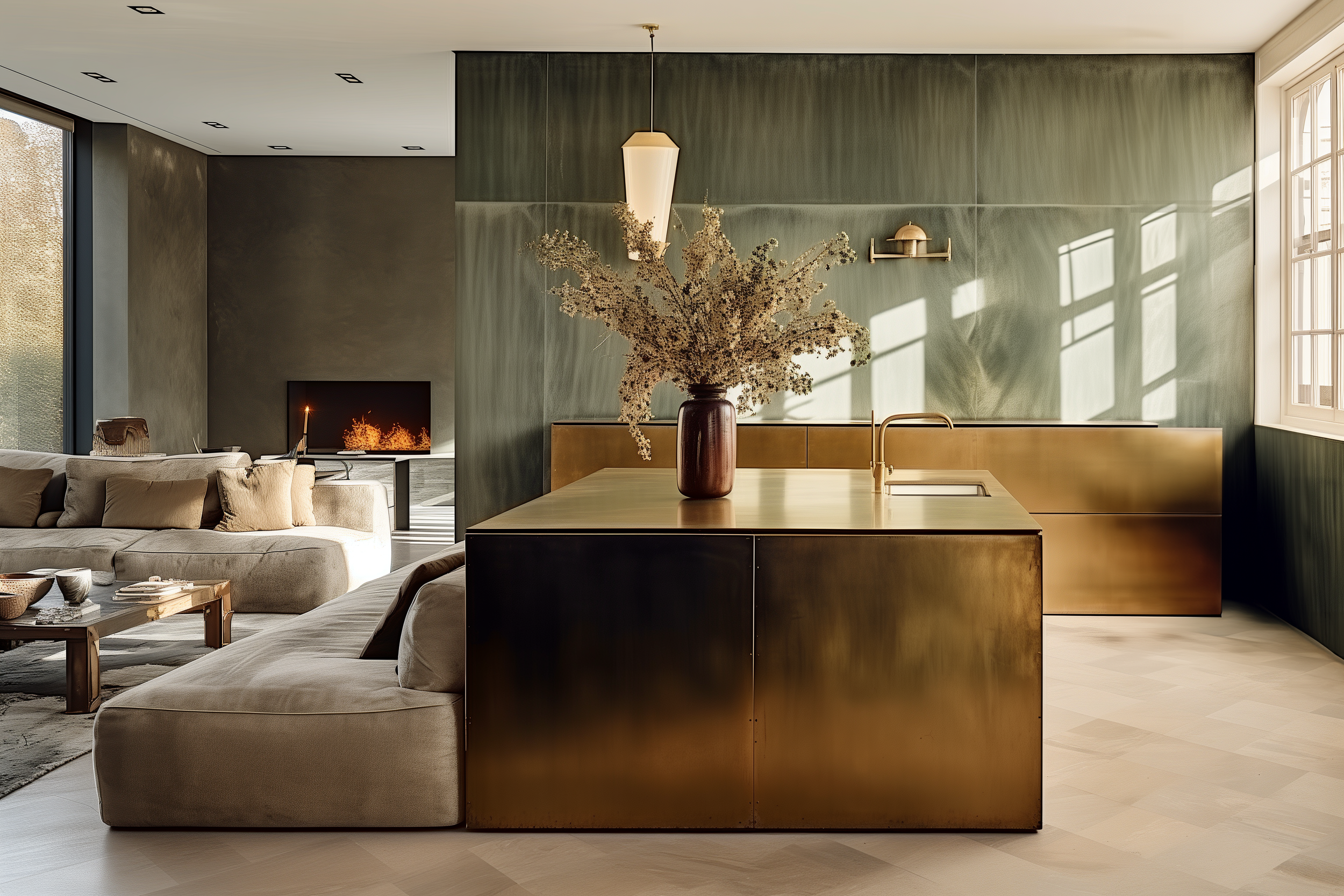 Open-plan kitchen with brass cabinets and island, oxidized Copper patina walls, beige sofas.png