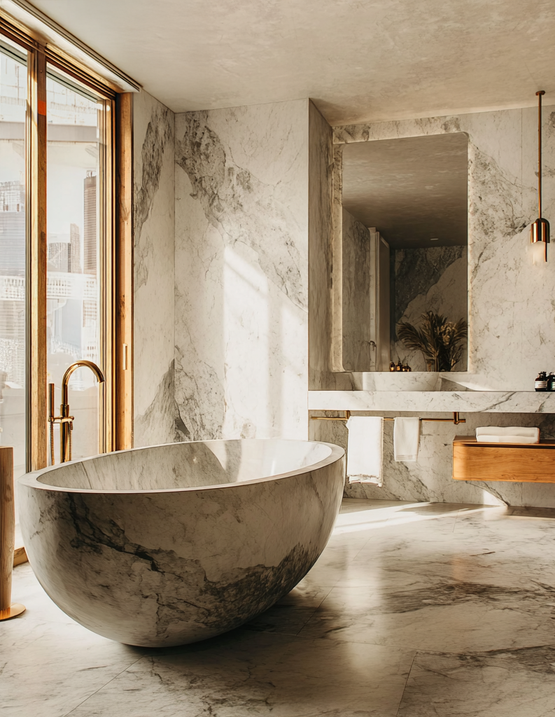Marble bathroom with freestanding carved marble tub, brass fittings, and full-height windows.png