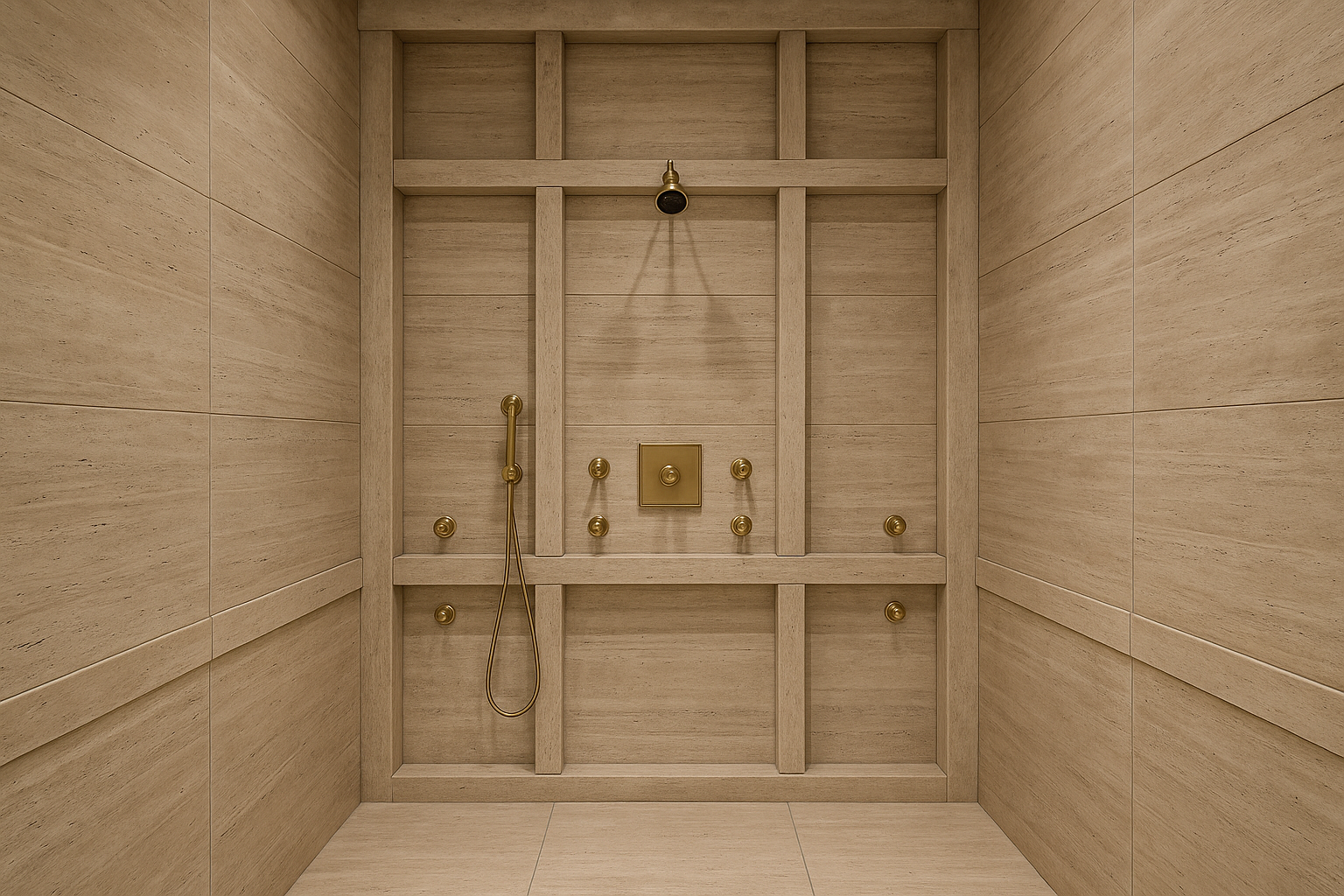 Travertine shower with brass fixtures and geometric recessed wall panels.png