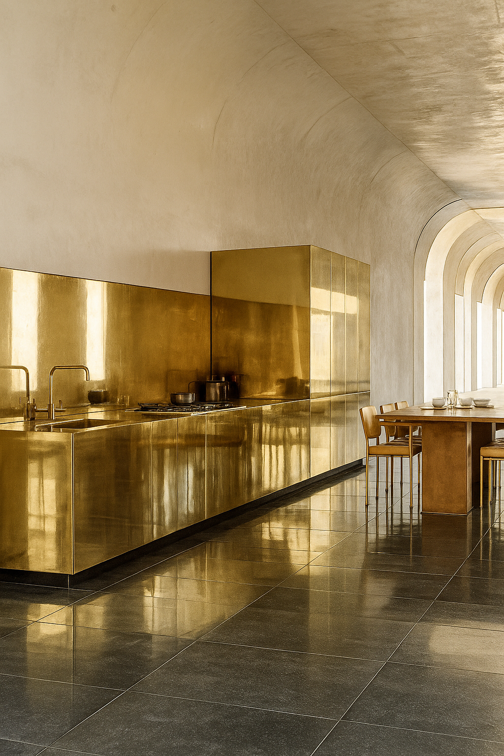 Golden brass kitchen with arched ceiling, integrated sink, and wooden dining table in a minimalist architectural space.png
