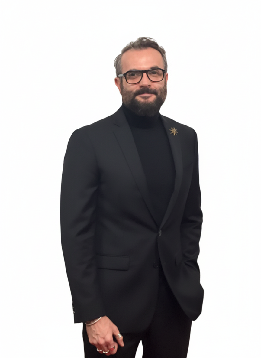 A man with glasses, a beard, and dark hair, wearing a black blazer with a star-shaped pin on the lapel, a black turtleneck, and dark pants, standing against a plain white background.