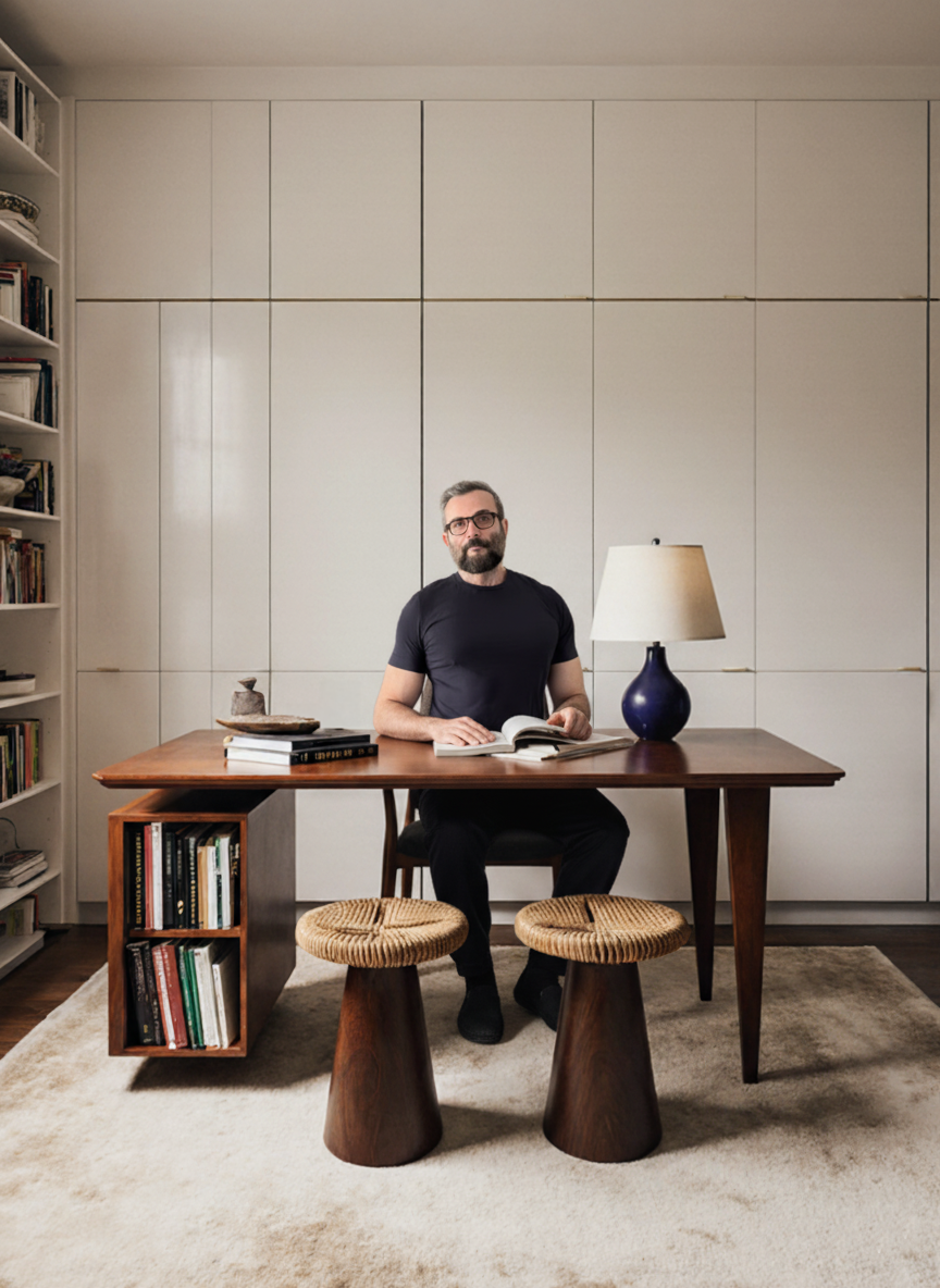 A man with glasses, a beard, and dark hair sits at a wooden table in a modern room, reading a book. The table has a blue lamp, a stack of books, and decorative items. There are two woven stools in front of the table and a white bookcase filled with books on the left side of the room, with a closed wall of white cabinets in the background.