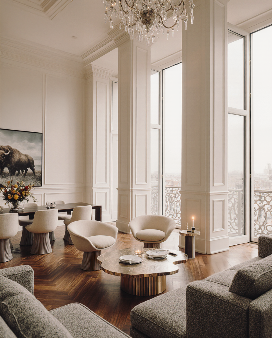 Elegant living and dining room with tall windows, panelled walls, herringbone flooring, and sculptural furniture.png
