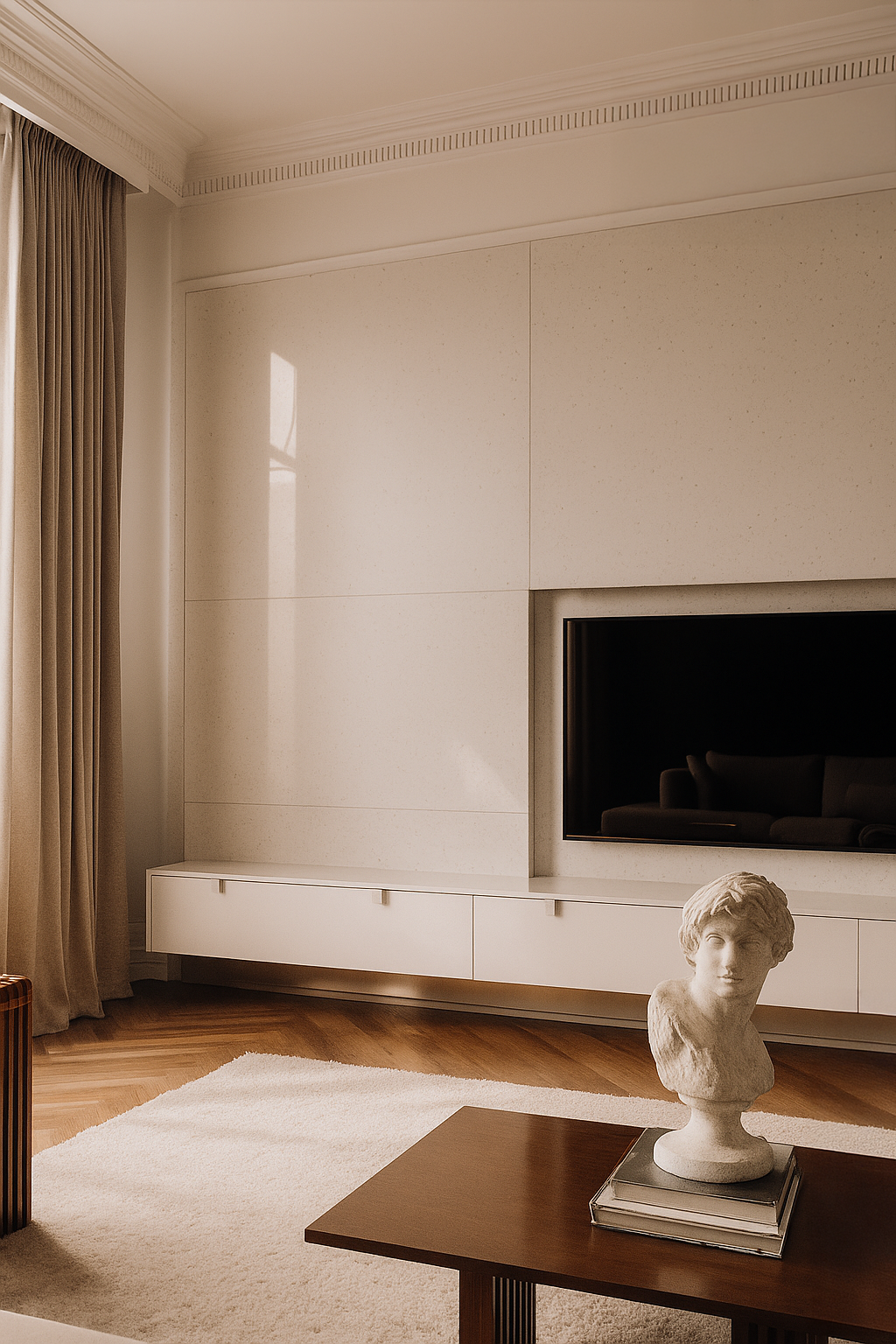 Minimal lacquered cream living room with built-in TV wall, floating cabinet, and wooden floors.png