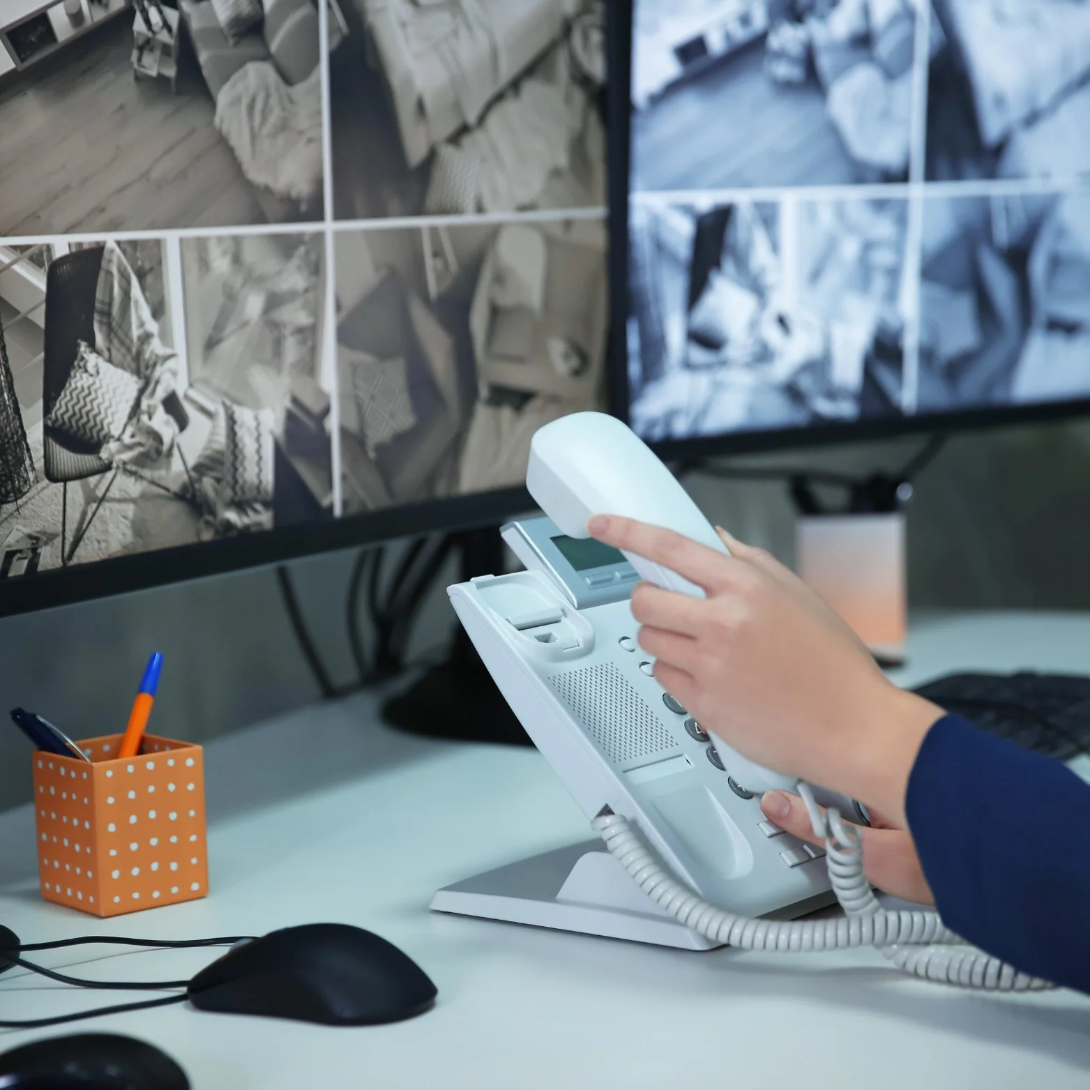 Person handling a landline phone in front of multiple security camera feeds on a monitor.