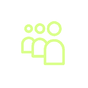 Icon of three stylized human figures in a row, outlined in green with a black background.