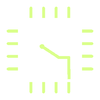 A digital illustration of a computer chip with a clock face, featuring lines and circles representing electronic components and time indicators.