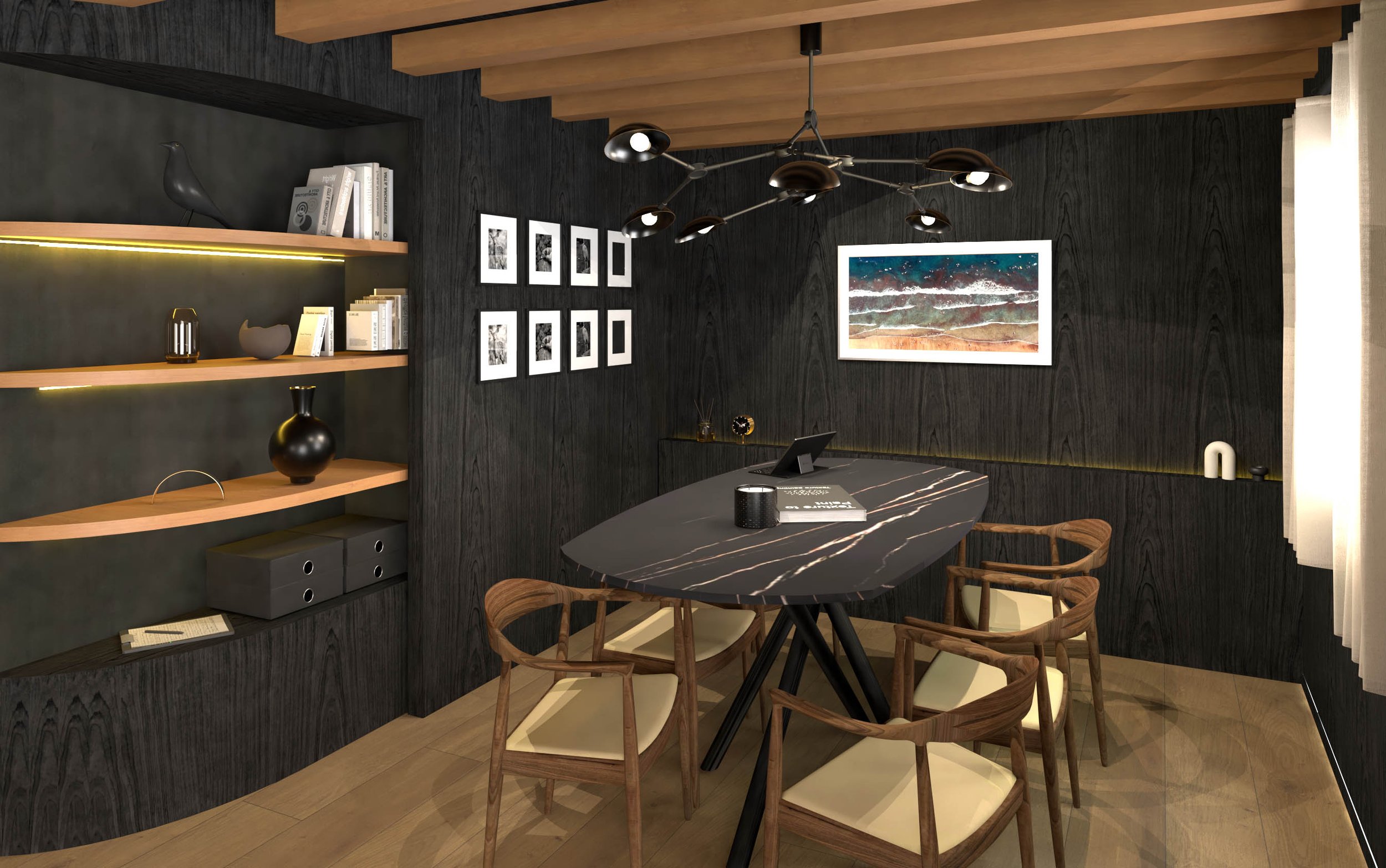 Coin réunion/salle à manger aménagé dans l’agence, mêlant bois noyer et design contemporain.