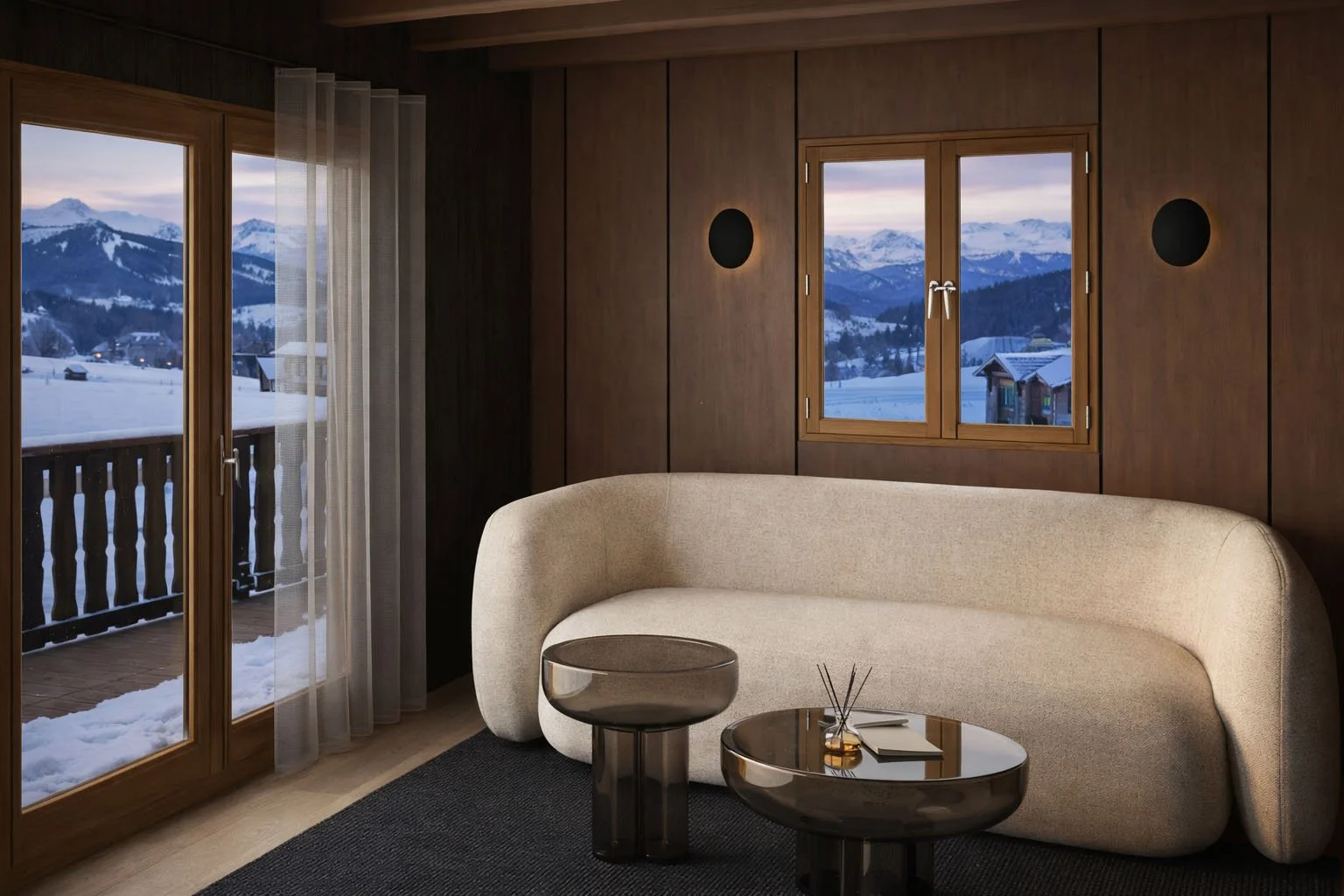 Vue du salon de l’agence OSLO Immobilier, espace d’accueil aux finitions bois brûlé et atmosphère contemporaine.