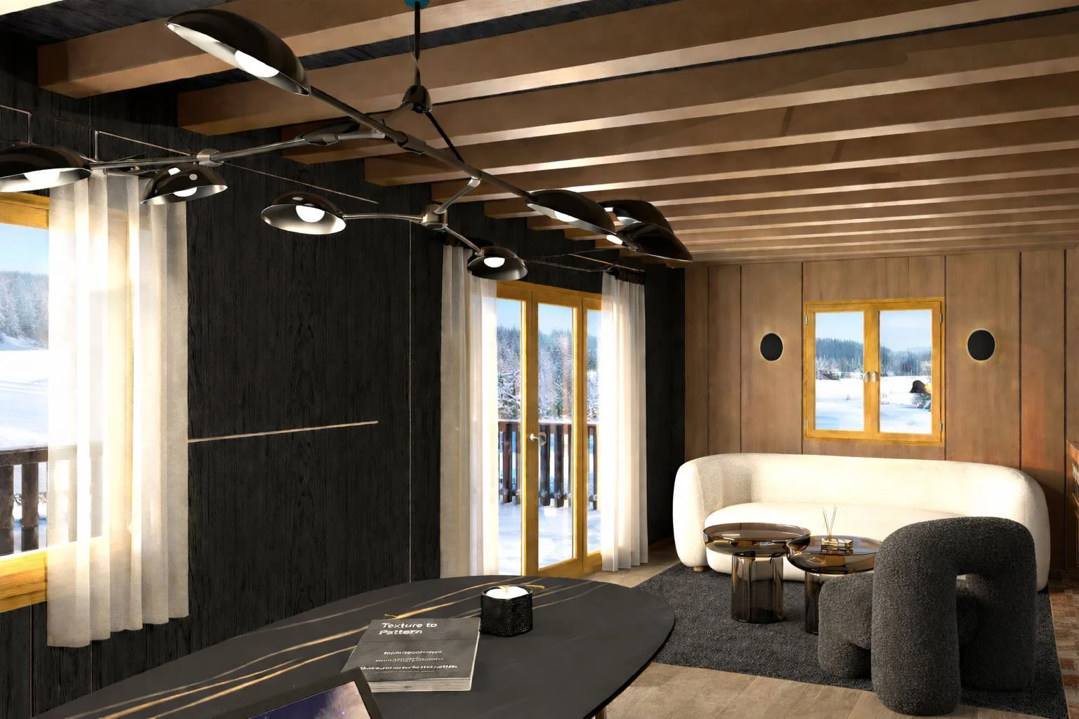 Intérieur d’une agence immobilière rénovée, ambiance salon professionnel chaleureux aux matériaux nobles.