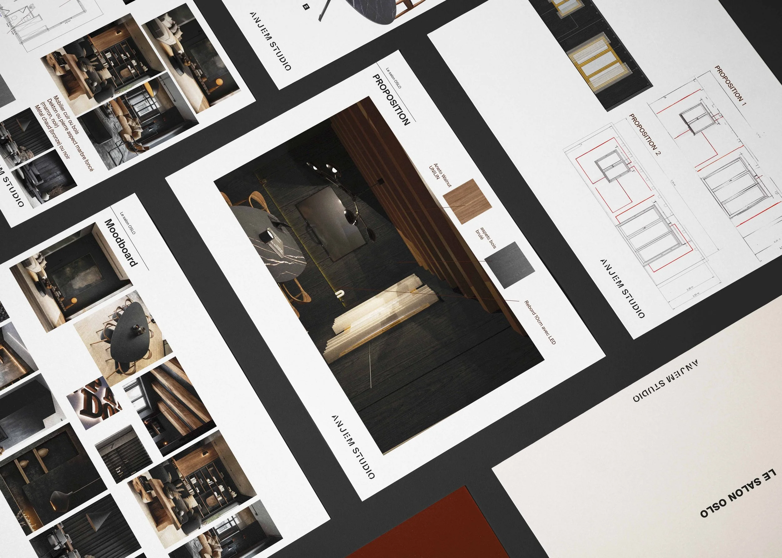 Détail de calepinage et schémas techniques pour l’aménagement intérieur de l’agence OSLO Immobilier.