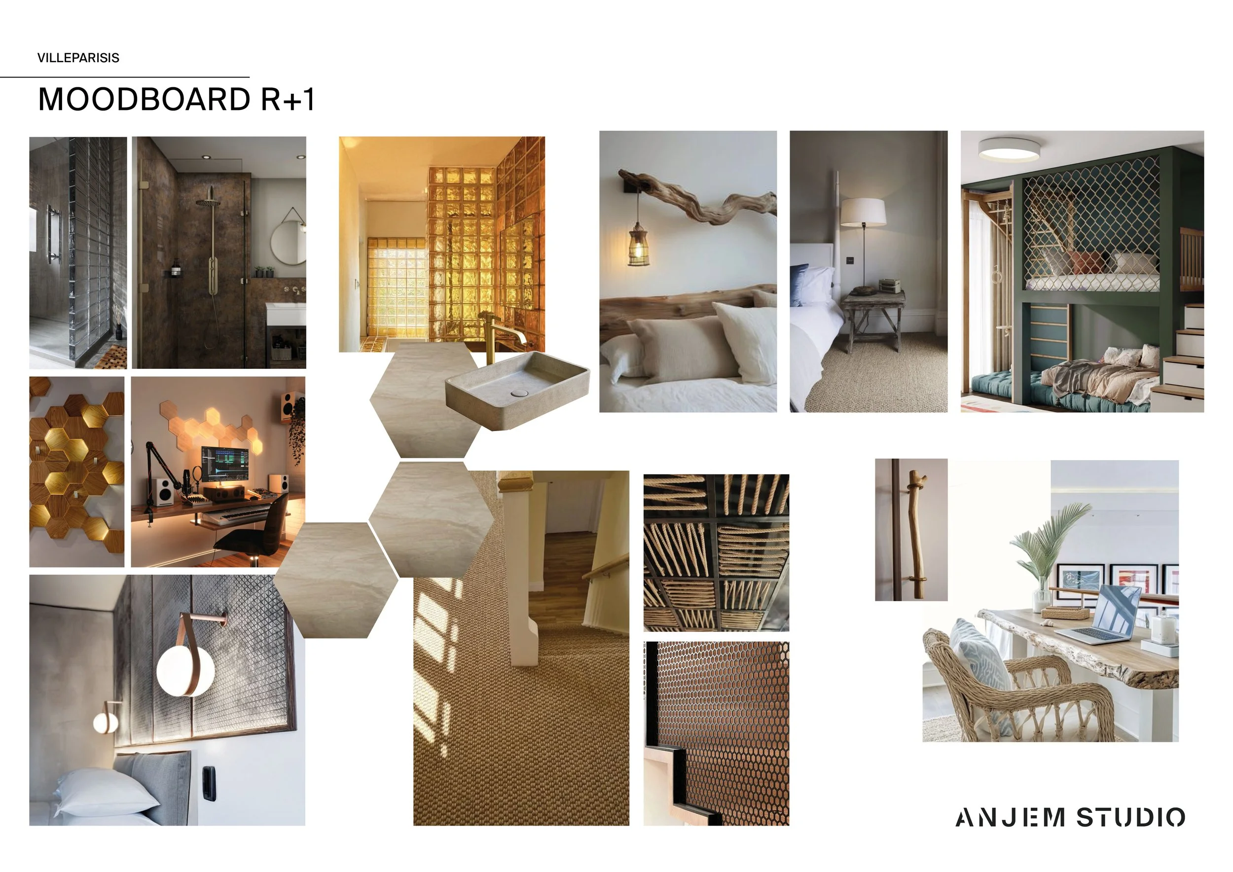 Moodboard illustrant les inspirations, matériaux et intentions visuelles du projet d’intérieur Villeparisis.